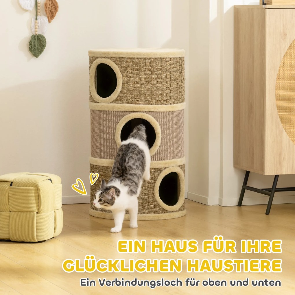 PawHut Tuba do drapania, 79 cm wys., Ø45 cm, trzy poziomy, sizalowy sznur, norka dla kota, dla dużych kotów, Khaki+Brąz