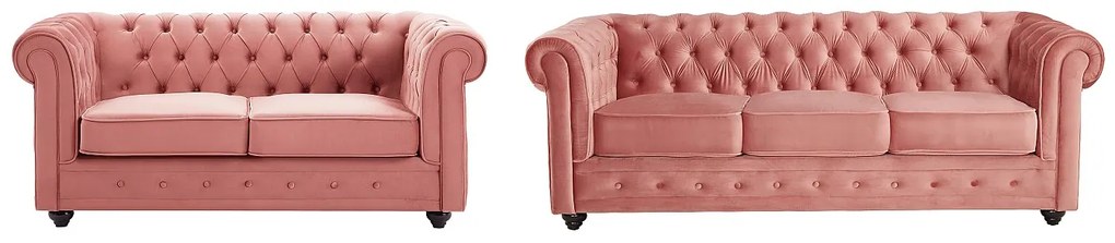 Kanapy 3-osobowa i 2-osobowa z weluru w kolorze pastelowy róż CHESTERFIELD