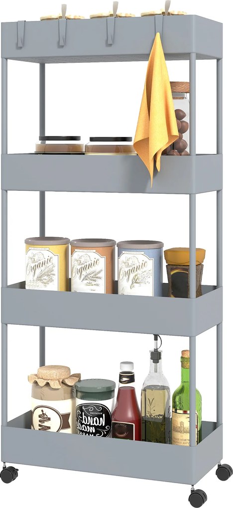 Wózek kuchenny HOMCOM z 4 półkami, 4 elastycznymi hakami, na kółkach, 40 x 19 x 90 cm, wózek do wnęki, szary