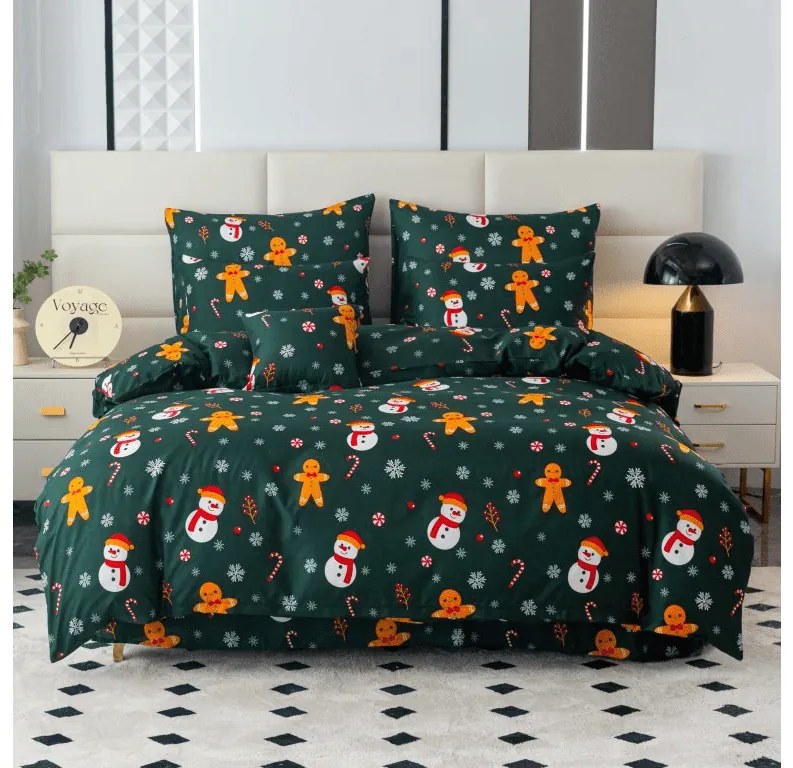 PrzytulneMieszkanie.pl PrzytulneMieszkanie.pl Prześcieradła z mikrofibry SNOWMAN AND GINGERBREAD w kolorze zielonym Rozmiar pościeli: 70 x 90 cm | 140 x 200 cm