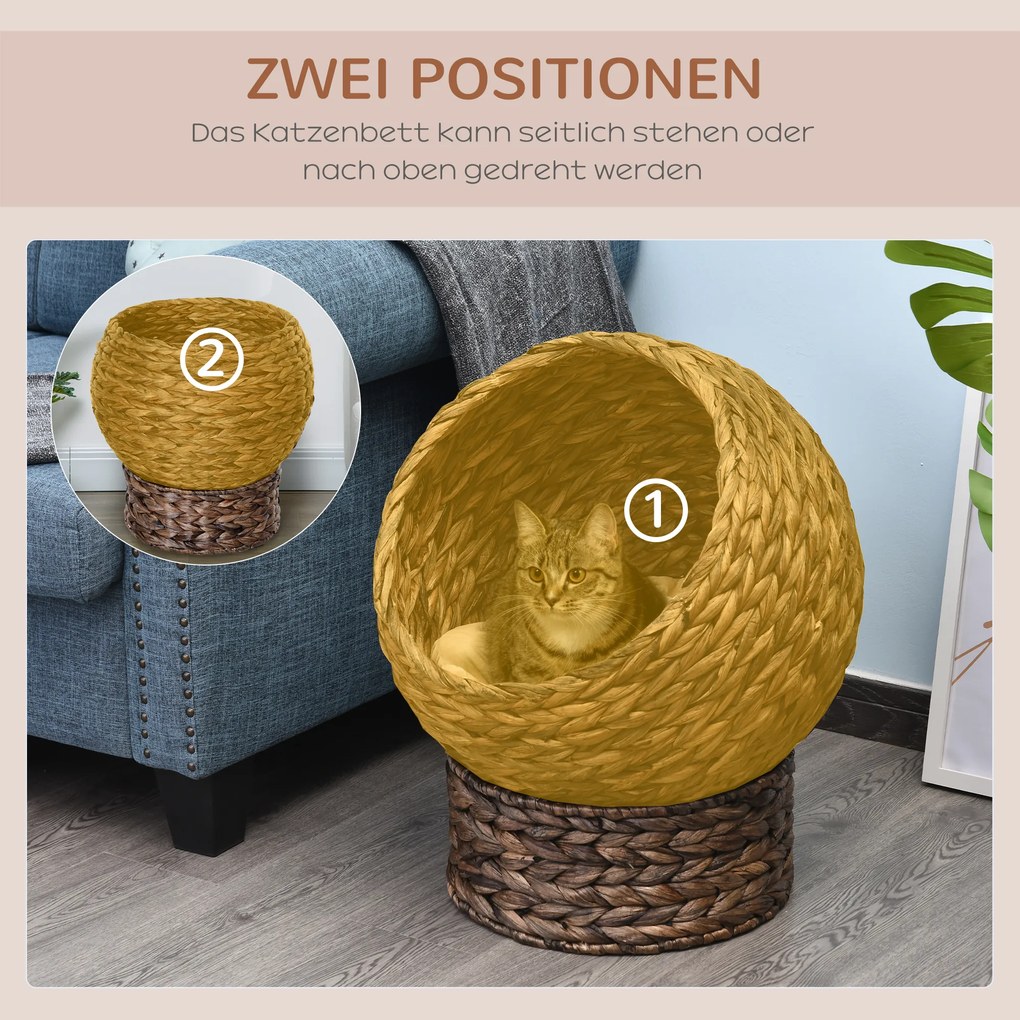 PawHut Rattanowy koszyk dla kota z poduszką Brązowa chata dla zwierząt domowych | Aosom PL