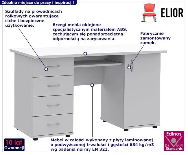 Białe biurko komputerowe z zamkiem i szufladami Luminos