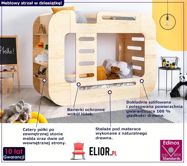 Drewniane łóżko piętrowe z półkami P1-T90