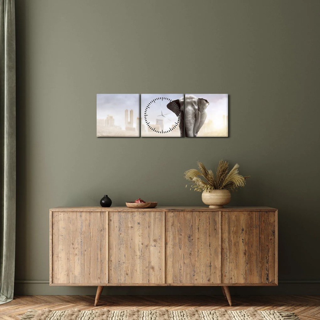 Obraz - Słonie w wielkim mieście (z zegarem) (90x30 cm)