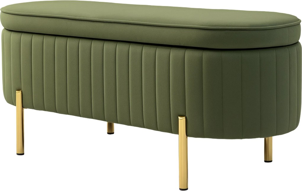 HOMCOM Ławka do przechowywania Owalna z 72L pojemności i otwieranym przykryciem w aksamicie i drewnie, 108x44x43,5 cm, Zielona