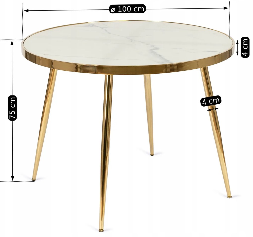 Stół Okrągły TINGA 100 cm Biały Marmur/Złoty Glamour