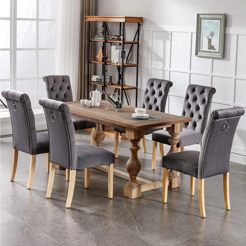Zestaw 6 aksamitnych krzeseł z dębowymi nogami – szary