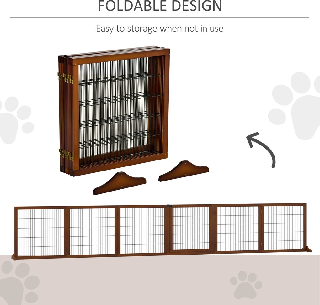 PawHut Barierka zabezpieczająca dla psów, składana, z drewna sosnowego, 432 x 36 x 70 cm, Kawa