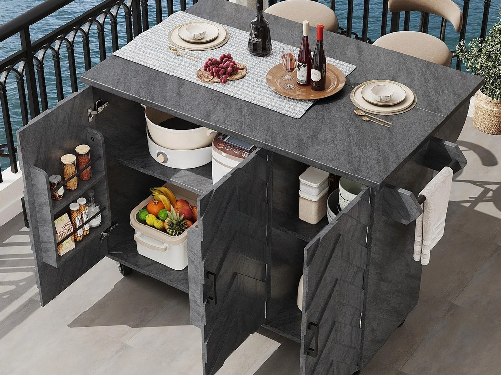 Mobilna wyspa kuchenna - Rozkładany blat - 130x75x92 cm - 3 drzwi - otwarte półki - z wieszakiem na ręczniki - MDF - Szary