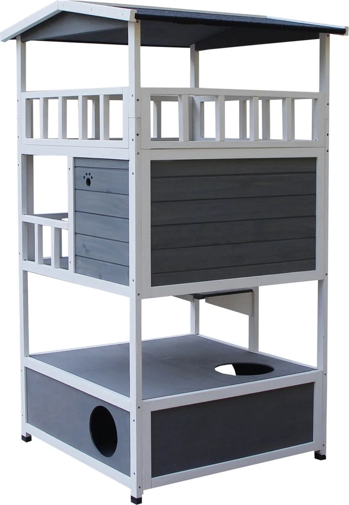 PawHut Domek dla Kota 4-poziomowy z Toaletą, Balkon, Dach Asfaltowy, Drewno, Szary, 78 x 76 x 140 cm