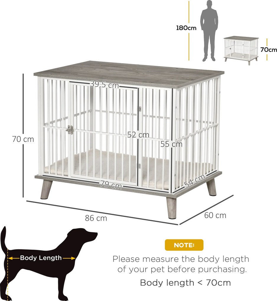 PawHut Drewniana klatka dla psa Biało-szara 86x60x70cm Elegancka i bezpieczna | Aosom PL
