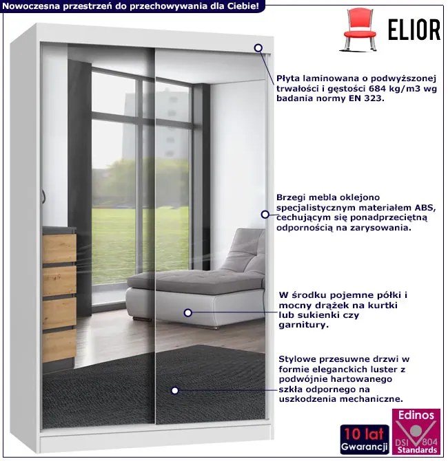 Biała szafa przesuwna z 2 lustrami 120 cm W7-K00