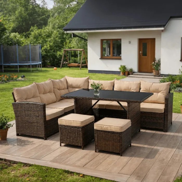 Zestaw Mebli Ogrodowych DALLAS Brązowy/Beżowy Narożnik Pufy Stolik Tarasowy Technorattan Nowoczesny