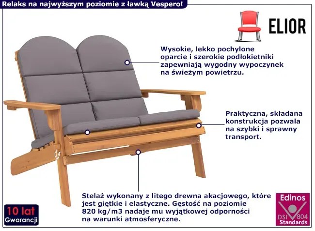 Drewniana ławka ogrodowa w stylu adirondack szary - Vespero