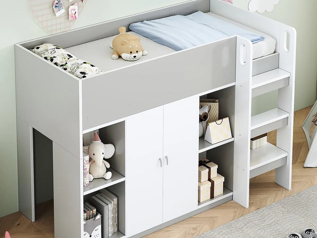 Łóżko dziecięce 90x200 cm - z szafą + półkami - z drabiną - szare (bez materaca)