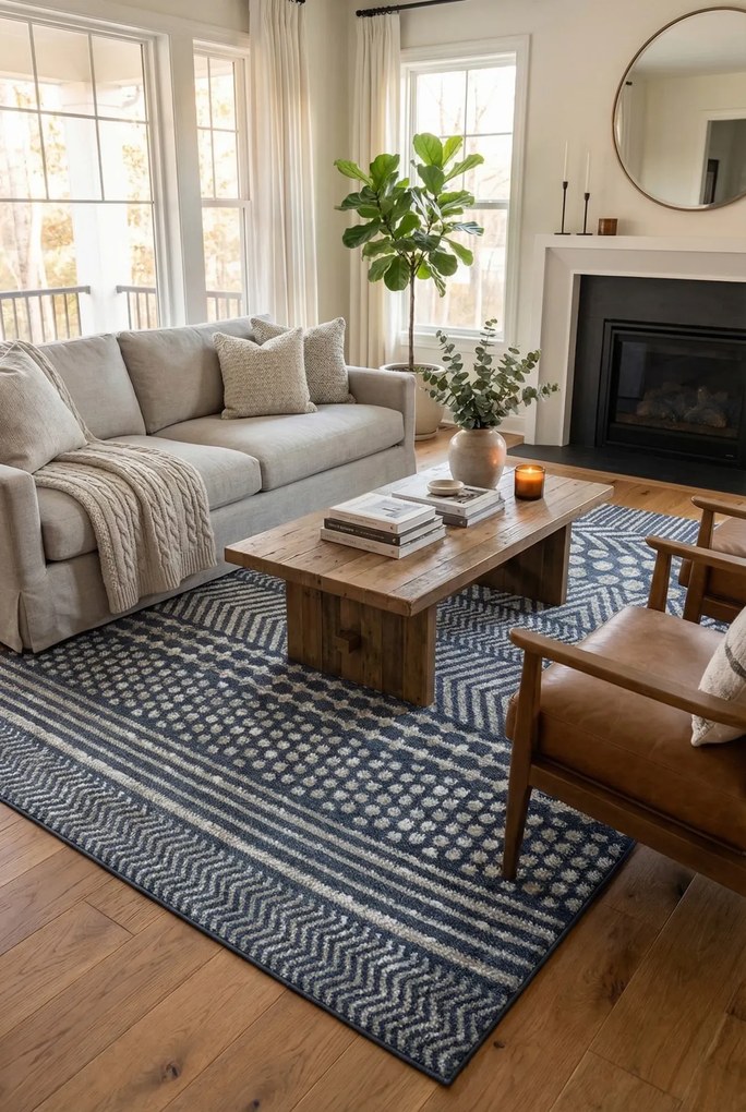 Niebieski dywan z nowoczesnymi wzorami M9-Z18