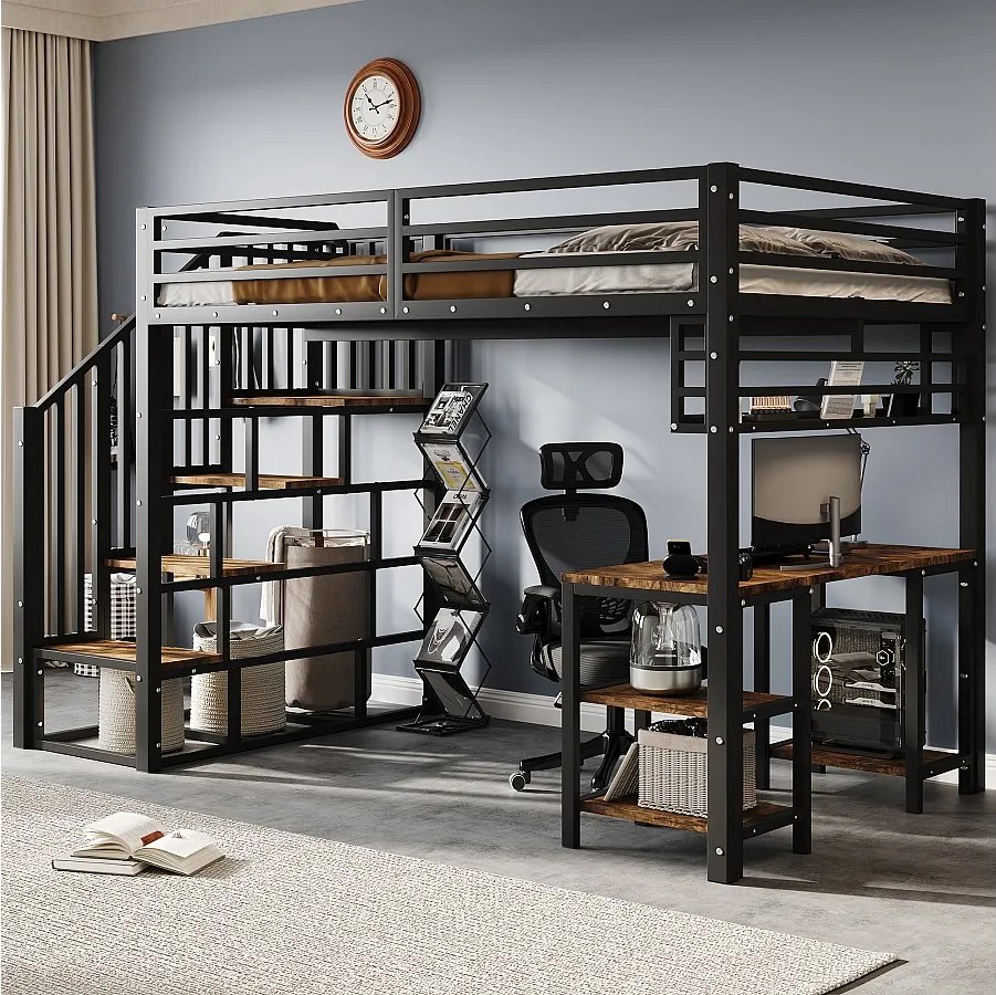Łóżko piętrowe żelazne - 120 x 200 cm - ze schodkami do przechowywania + biurko i półka - żelazo + płyta wiórowa - czarne
