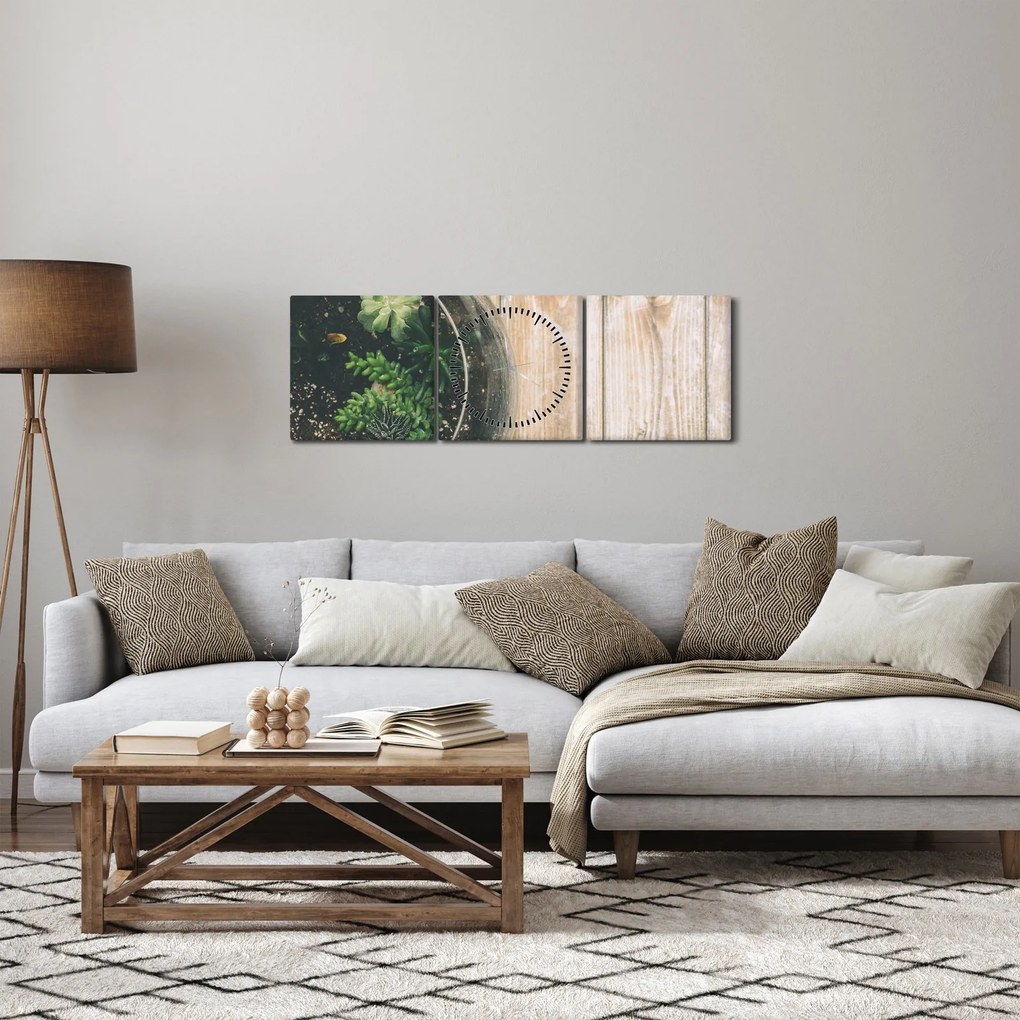 Obraz sukulentów w szkle (z zegarem) (90x30 cm)