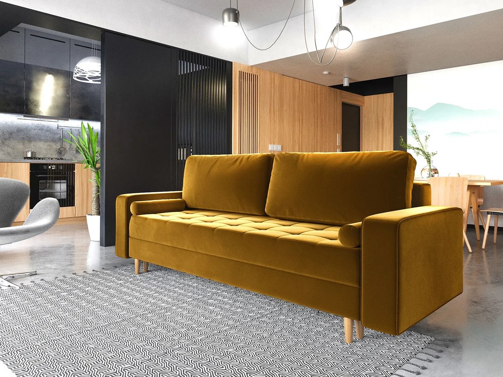 Musztardowa welurowa sofa rozkładana C5-T55