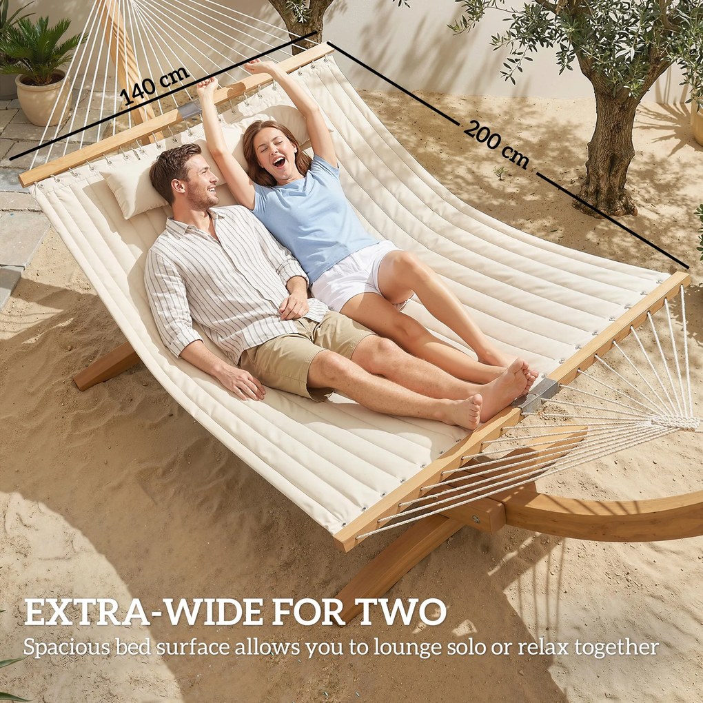 Outsunny Hamak Zewnętrzny 200x140 cm, Dwuwarstwowy Hamak z Zagłówkiem, Kieszenią na Magazyny i Drewnianymi Drążkami, do 200 kg | Aosom PL