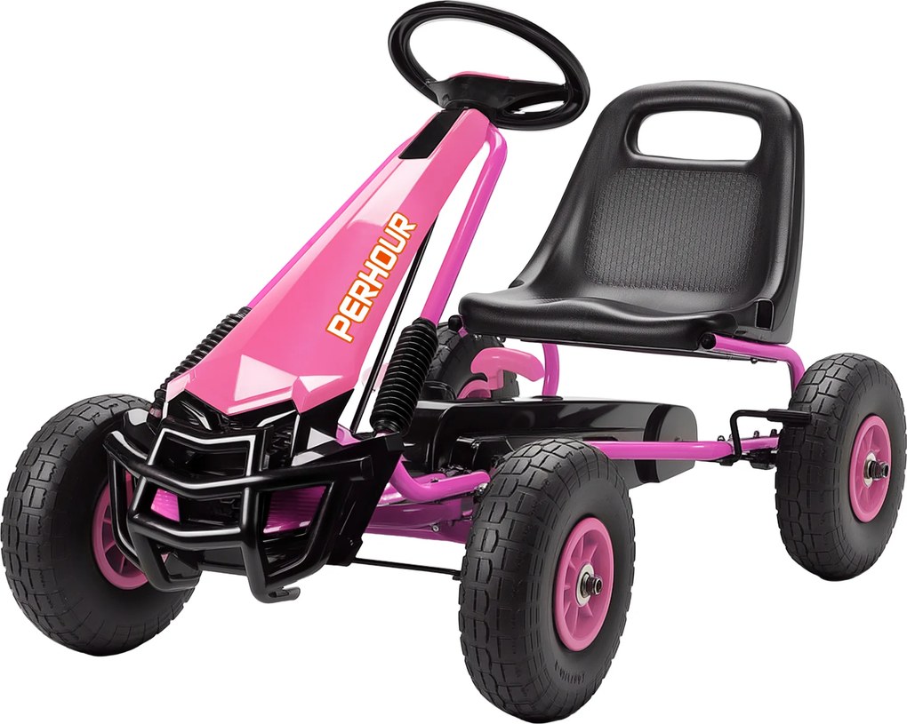 AIYAPLAY Gokart na pedały dla dzieci, regulowane siedzisko, opony EVA, hamulec, sprzęgło, 3-8 lat, różowy