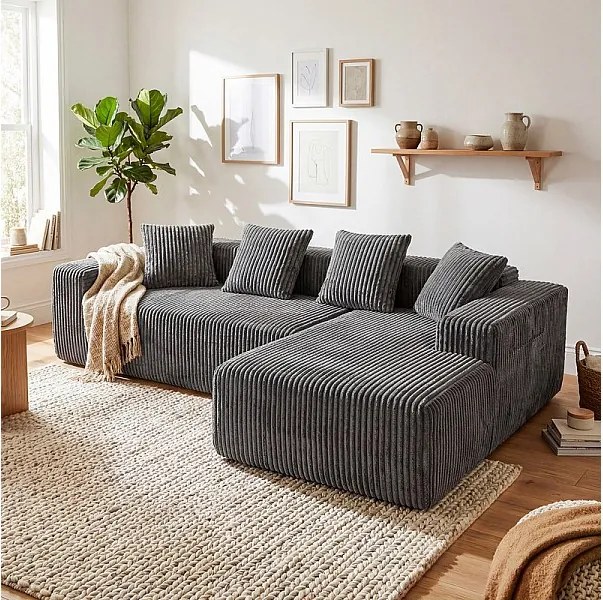Modułowa Narożna Sofa Prawa 3-osobowa, w Welurze Żebrowanym szarym, z 4 Poduszkami, leżanką i boczną kieszenią, 261x156x80cm