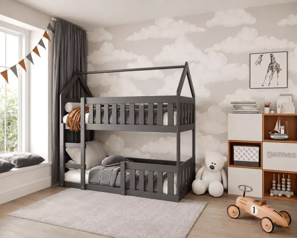Łóżko piętrowe dziecięce Clare Domek Mini 80x190 drewniane sosnowe z barierkami