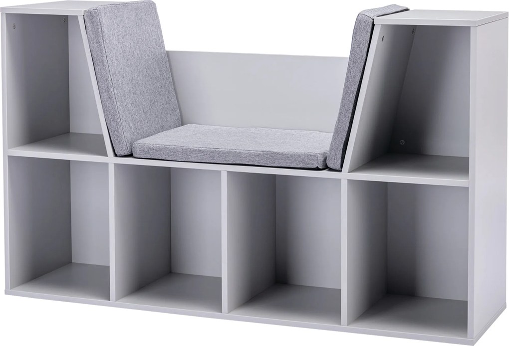 HOMCOM Regał dla dzieci 2-w-1 + Ławka z poduszkami, Szary, 103 cm x 30 cm x 62 cm