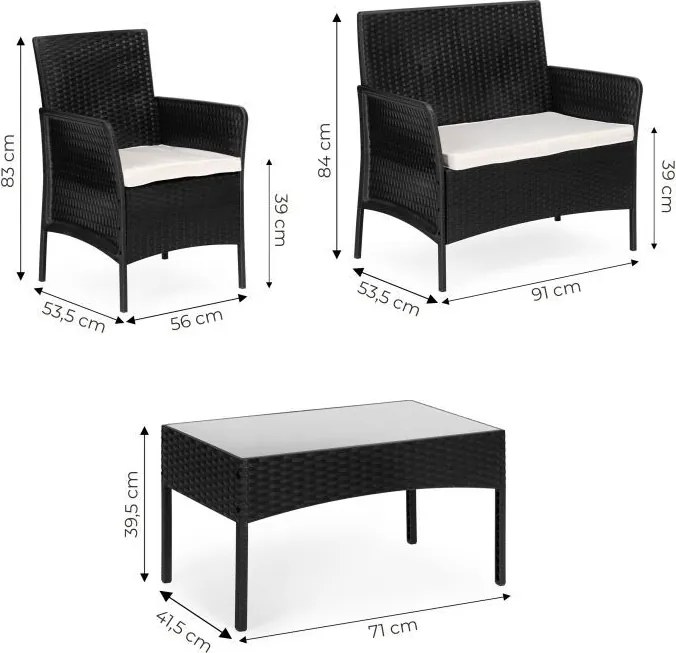 Zestaw mebli ogrodowych Livora 118 - 2 krzesła, sofa i stolik kawowy, kolor czarny
