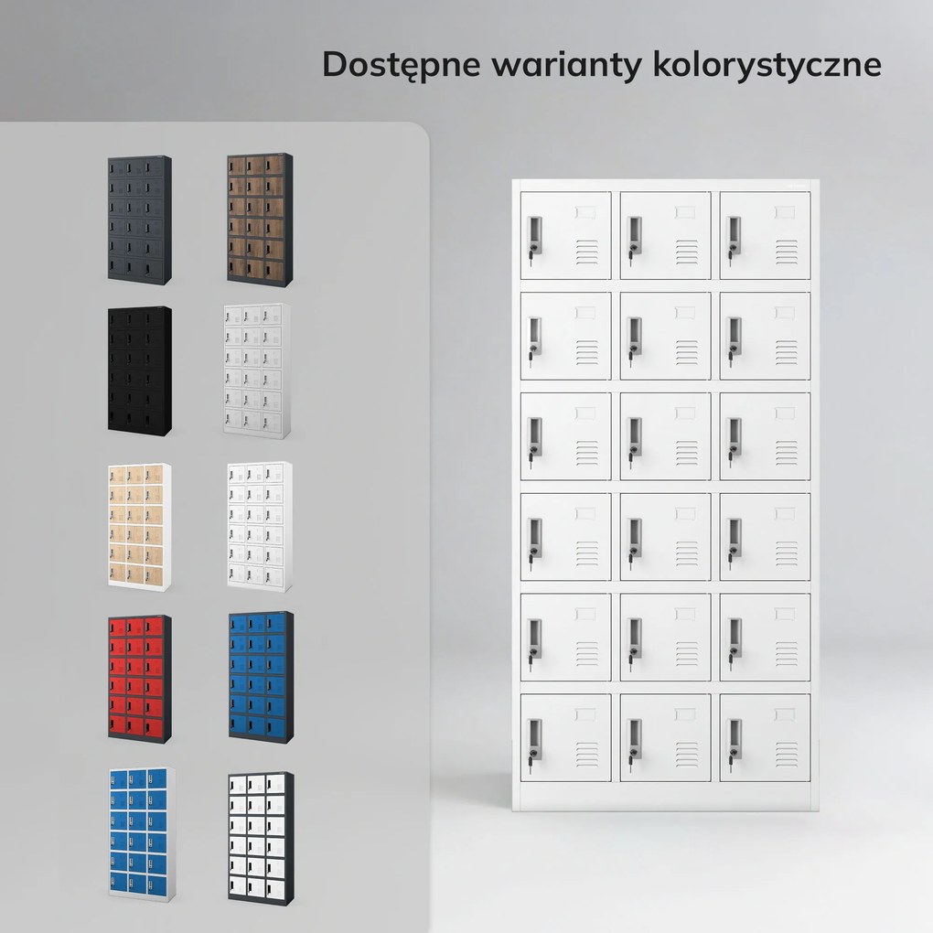 Szafka pracownicza skrytkowa 18-skrytkowa biała, 900x1850x400 mm: KAROL