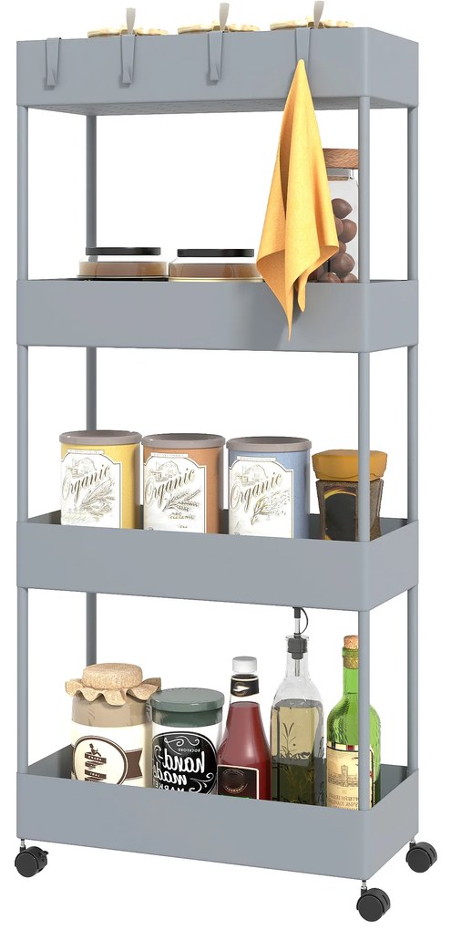 Wózek kuchenny HOMCOM z 4 półkami, 4 elastycznymi hakami, na kółkach, 40 x 19 x 90 cm, wózek do wnęki, szary