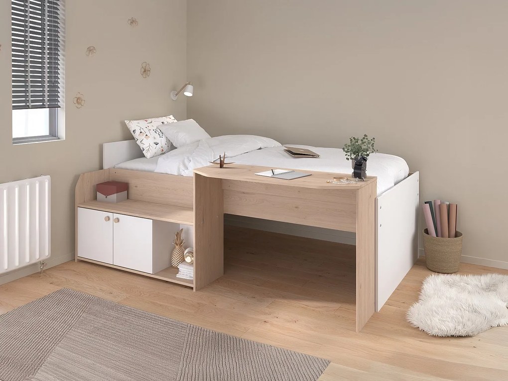 Łóżko wielofunkcyjne  90 x 190/200 cm – Kolor: naturalny i biały – MIVONA