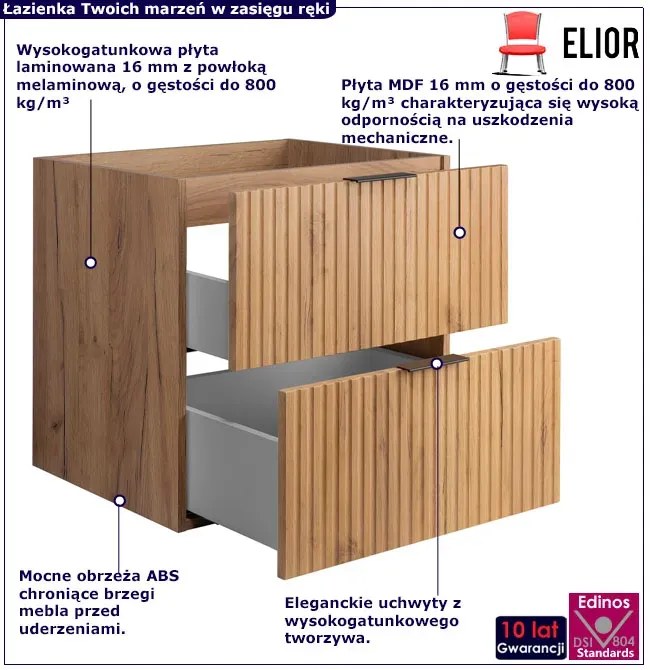 Ryflowana łazienkowa szafka z szufladami 60 cm dąb craft złoty H8-G98