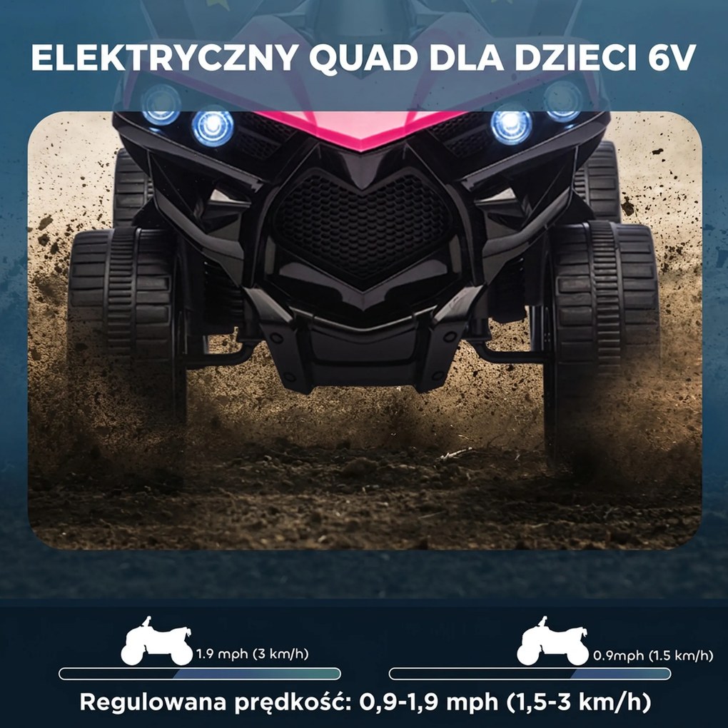 AIYAPLAY 6V quad dla dzieci, elektryczne ATV z muzyką i LED-reflektorami, dla 37-72 Monate, 70 x 42 x 45 cm, różowy | Aosom PL