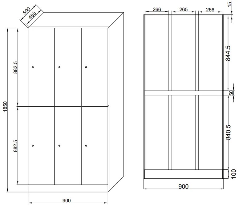 Szafka skrytkowa S1, 6 schowków, 1850 x 900 x 500 mm, demontaż, zamek mechaniczny z kodem, drzwi laminowane, orzech