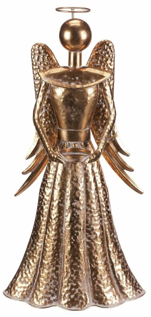 Świąteczna deoracja metalowa Anioł 49 cm, kieliszek na świeczkę tealihgt, złoty