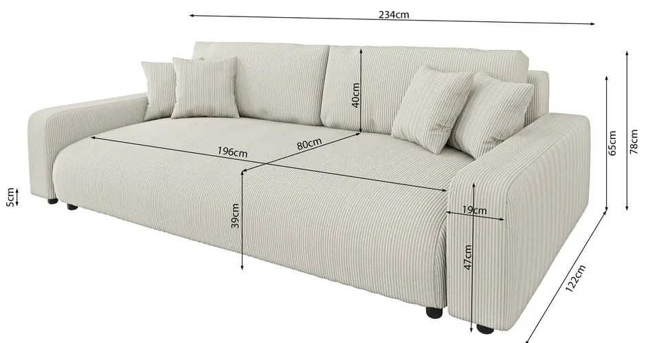 Kremowa sztruksowa rozkładana sofa ze schowkiem 234 cm Sara – Ropez