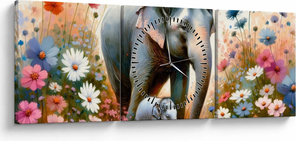 Obraz - Słoniowa mama, akwarela (z zegarem) (90x30 cm)