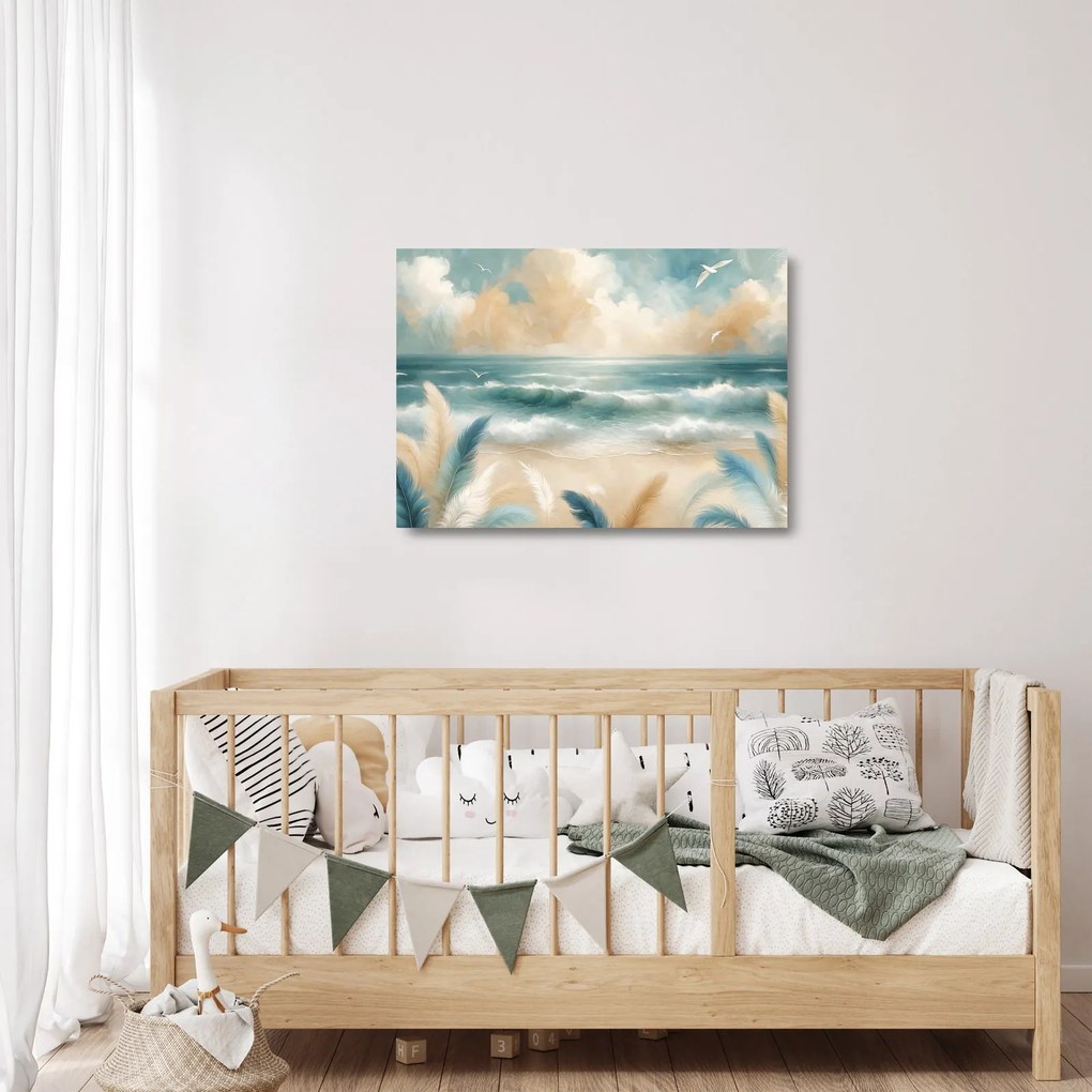 Obraz na szkle – Malowana plaża w delikatnych kolorach (70x50 cm)