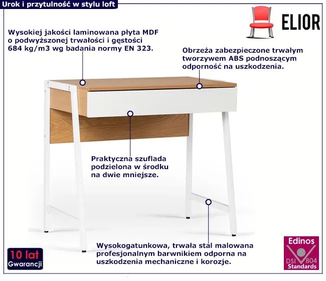 Małe biurko z szufladą dąb naturalny + biały - Monato