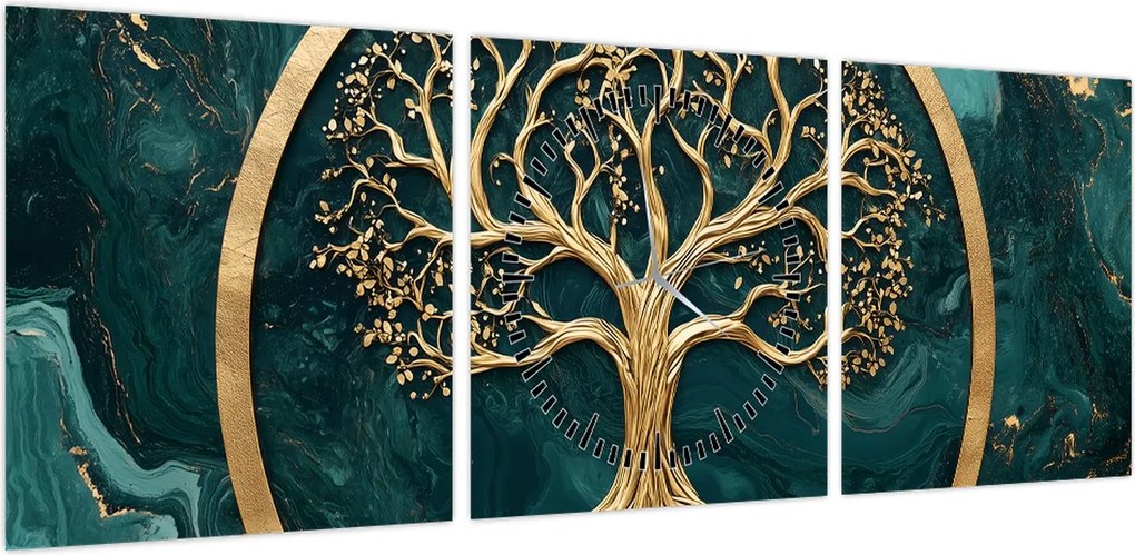 Obraz – Złote drzewo życia w marmurze (z zegarem) (90x30 cm)