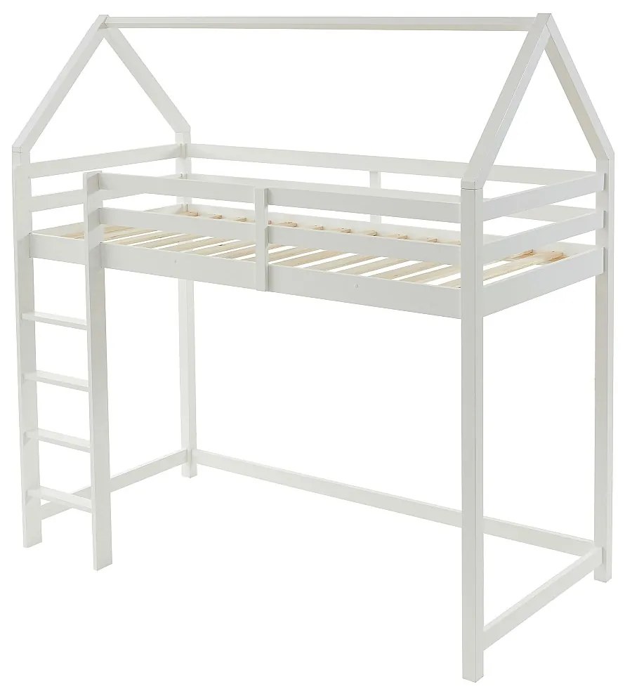 Łóżko domek na antresoli 90 x 190 cm – Lita sosna – Białe – TARZIA