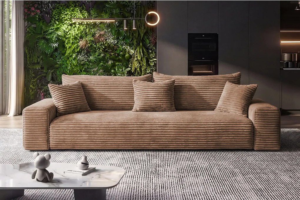 Sofa Rozkładana z Pojemnikiem Cordo w Jasnobrązowym Welurowym Sztruksie 265 cm - Sofiland