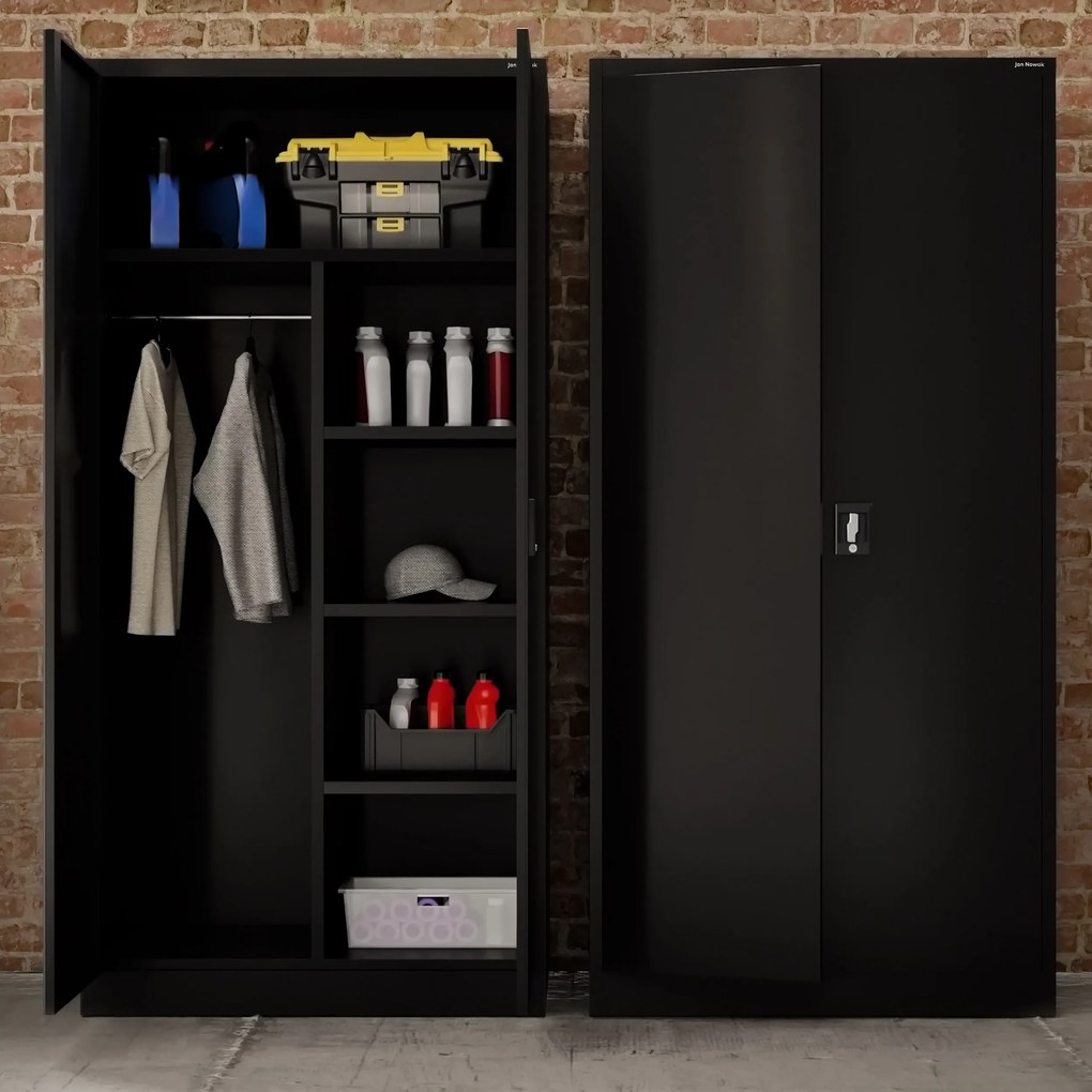 Szafa metalowa wielofunkcyjna z drążkiem czarna, 900x1850x450 mm: DAWID All Black