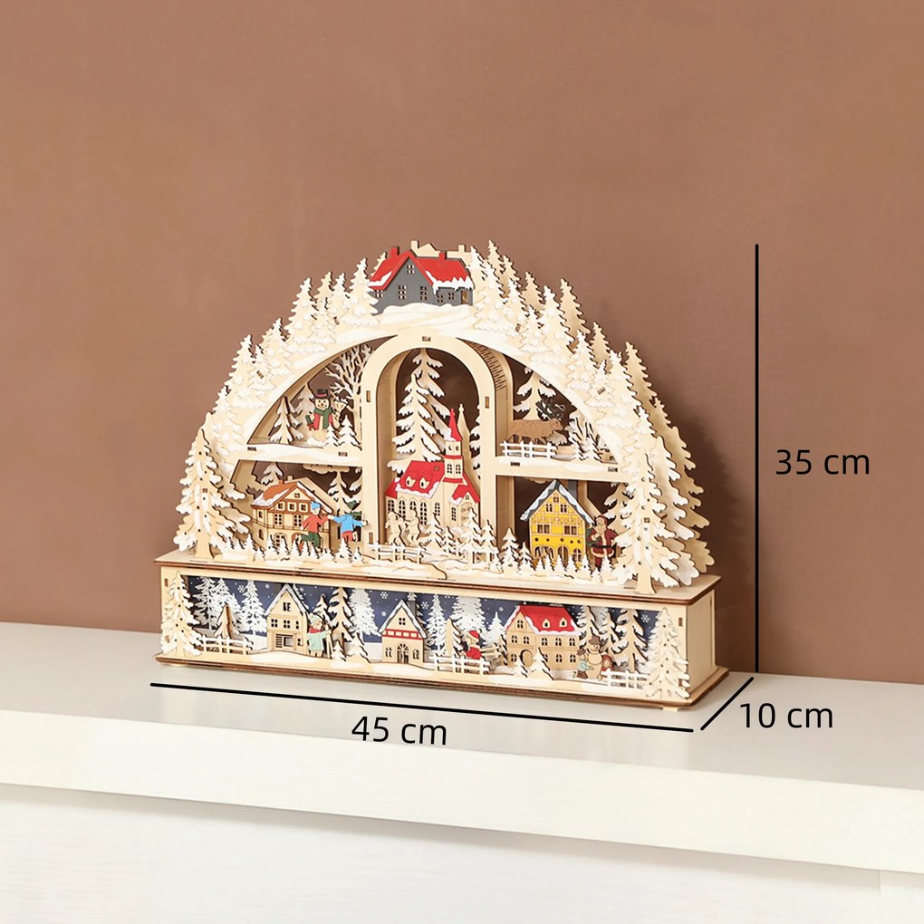 HOMCOM Wioska świąteczna z podświetleniem LED, 45 cm z bałwanem, reniferem i drzewkami, drewno naturalne | Aosom PL