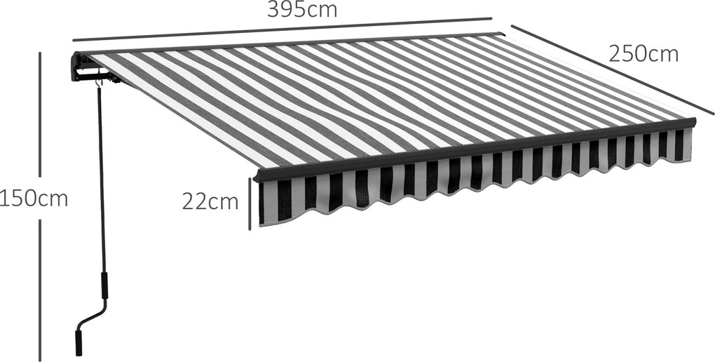Outsunny Markiza przeciwsłoneczna Tarasowa Markiza, odporna na warunki atmosferyczne, 1 korbka, 395 x 250 x 150 cm, Szary + Biały