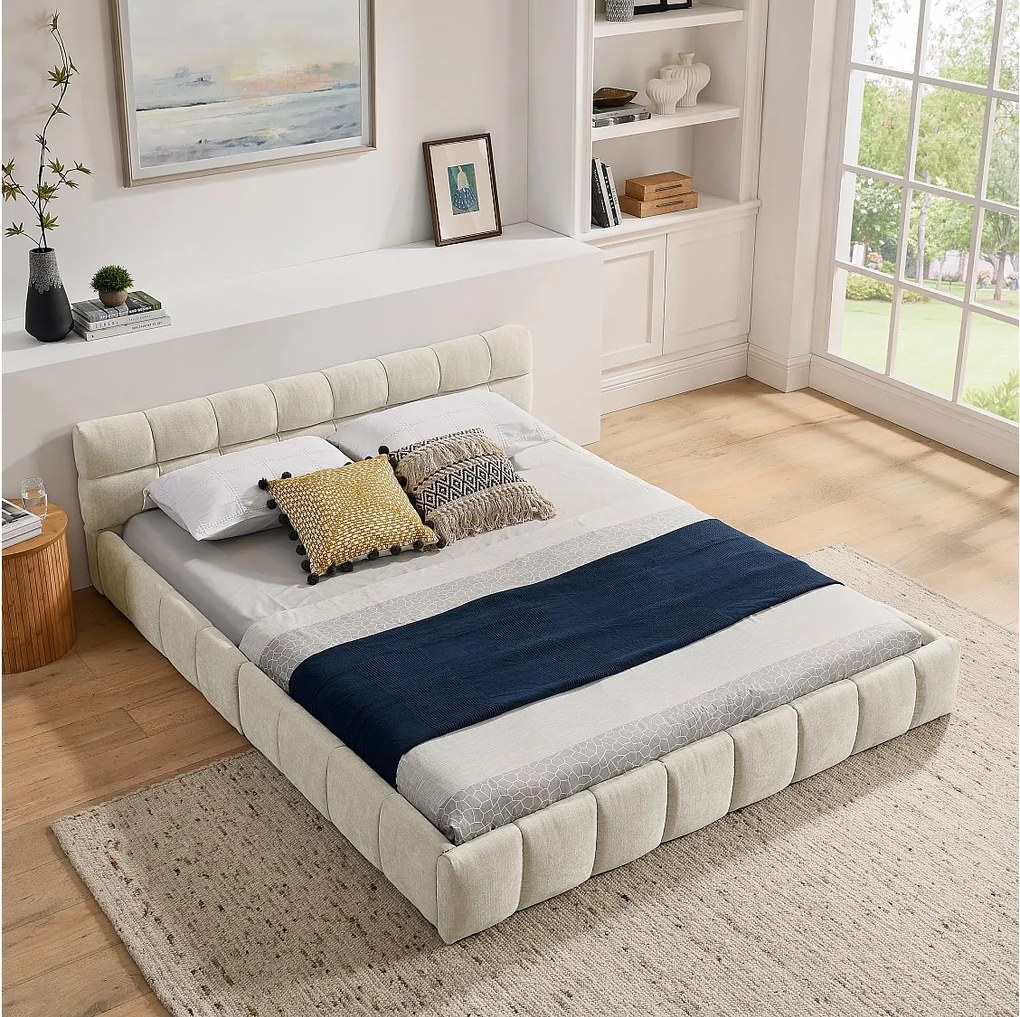 Łóżko podwójne 160 x 200 cm - Łóżko dla dorosłych z miękkim zagłówkiem i żelazną ramą - beżowa tkanina szenilowa - materac nie jest wliczony w cenę