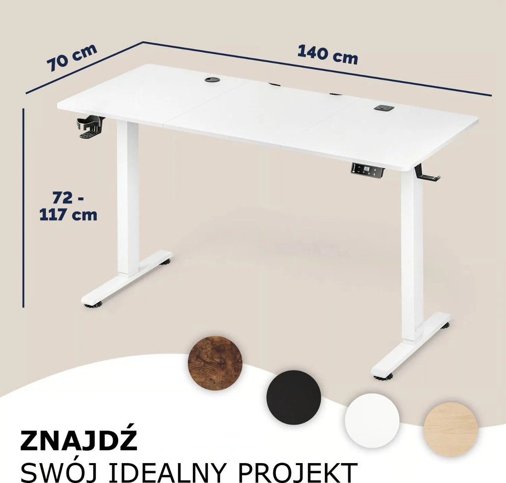 Regulowane biurko biurowe FLEXI, 140x60x72–117cm, białe Casaria