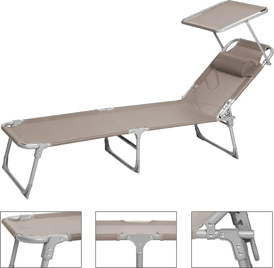 Leżak ogrodowy LAGUNA z regulowanym daszkiem, 193x53x29cm, brązowo-szary (taupe) SongmicsHome