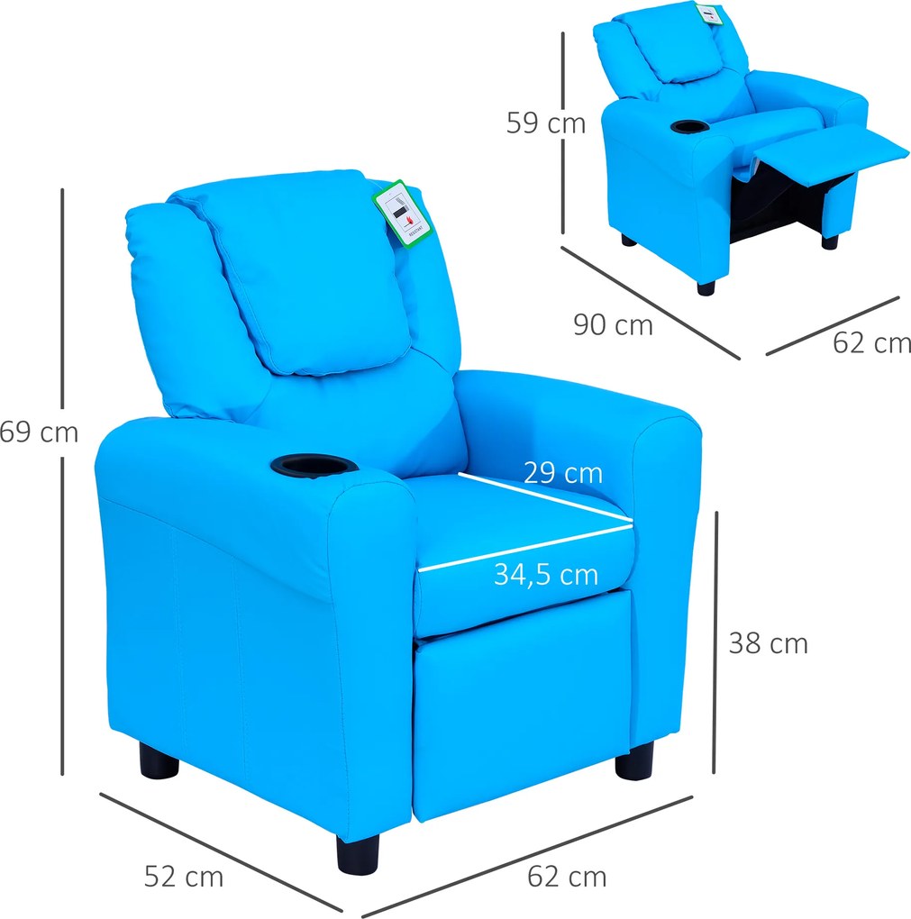 HOMCOM fotel dziecięcy z odchylanym oparciem 62 x 52 x 69 cm rama z litego drewna kolor niebieski